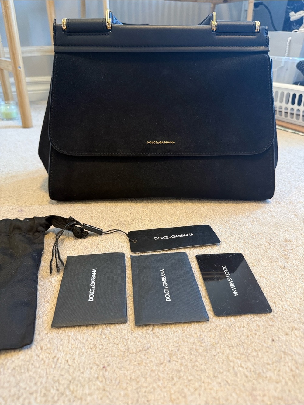 Dolce & Gabbana My Sicily Black Suede Top Handle Satchel with Gold Accents